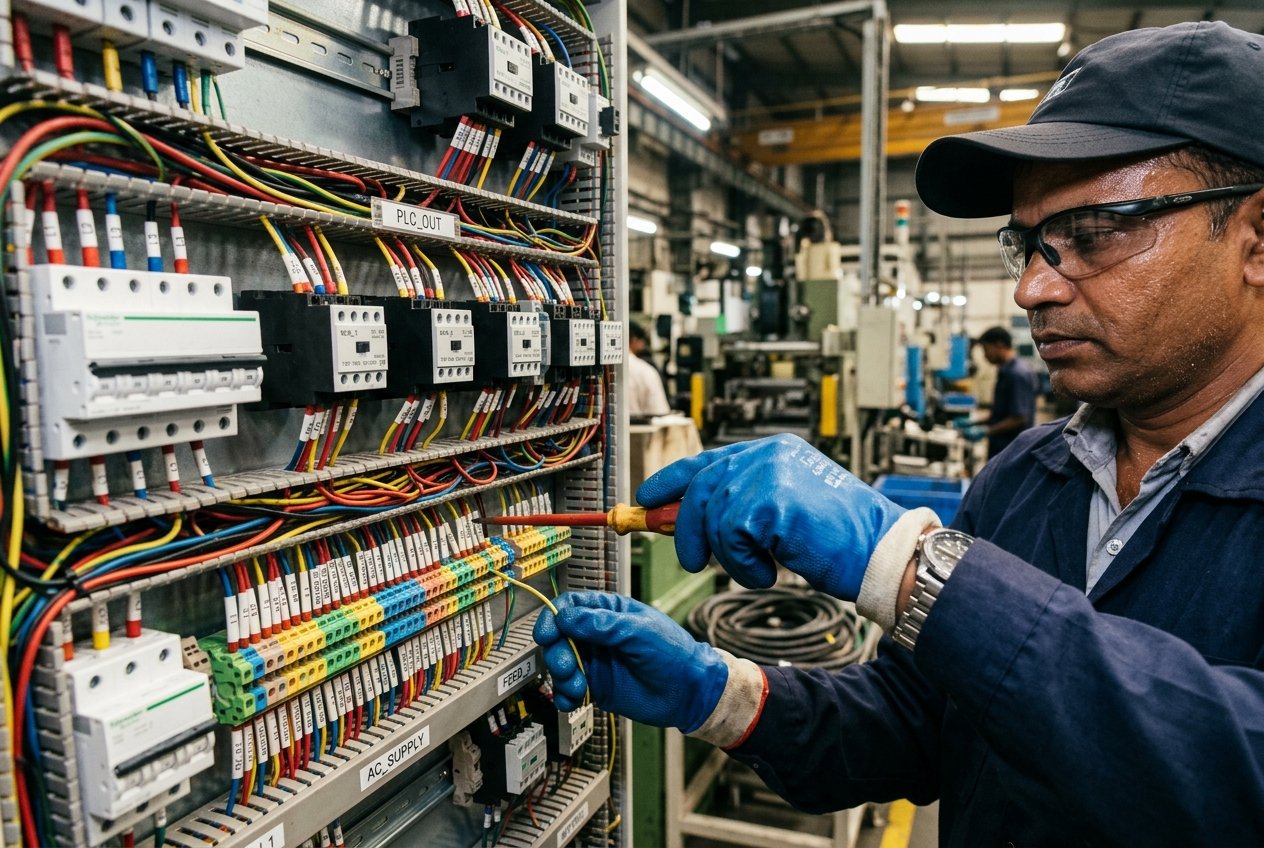 Technician inspecting wiring controls on complex panel