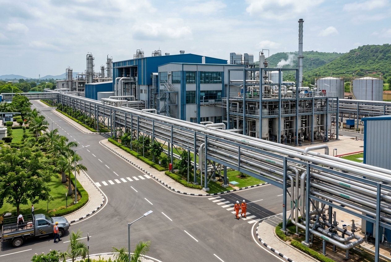 Indian industrial electrical infrastructure plant with steel structures and piping