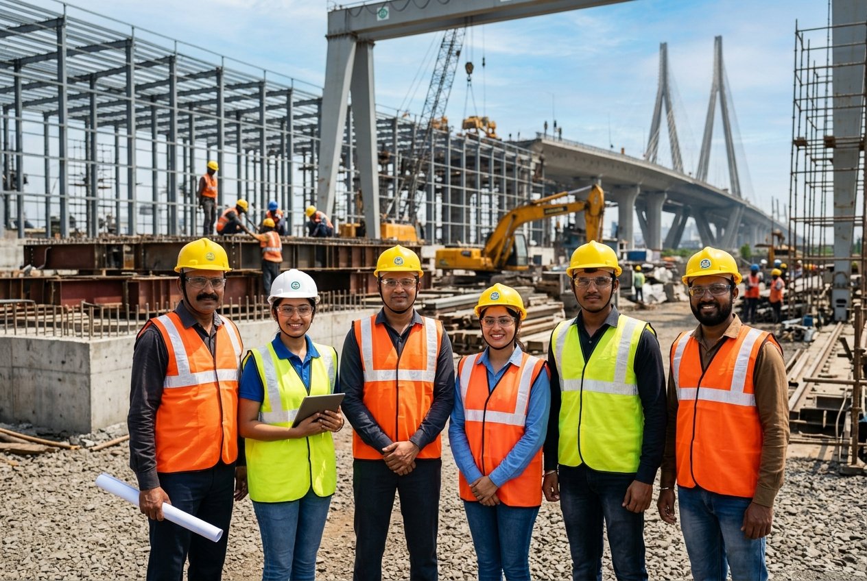 Diverse Indian engineering team standing on construction site