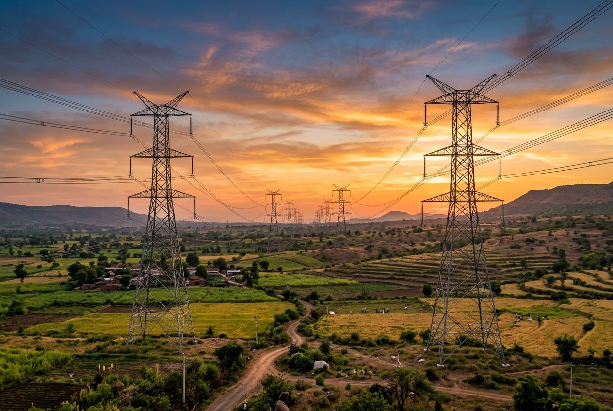 Power transmission tower against sunset sky