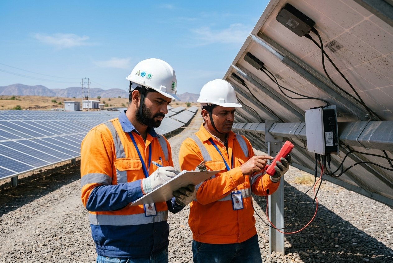 Solar engineers inspecting panel modules with equipment